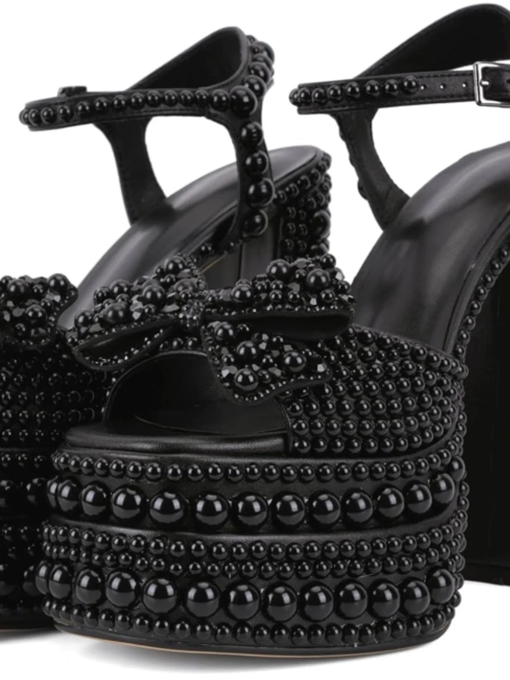Pearl-Embellished Black Platform Sandal with Ankle Strap